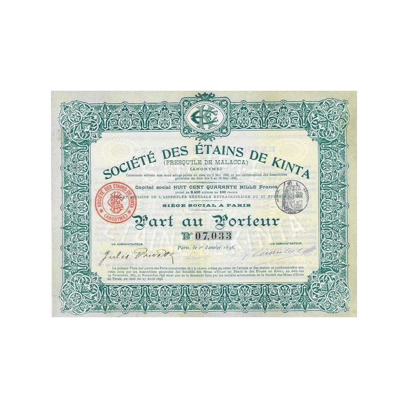 Sté des Etains de Kinta (Part au Porteur)