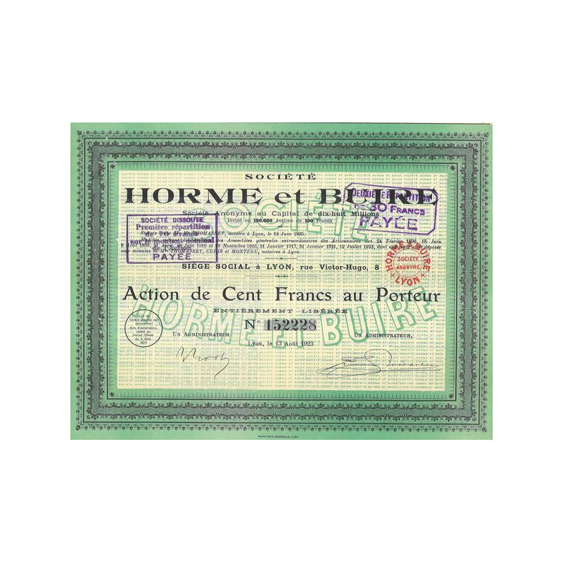 Sté Nlle des Ets de l'Horme et de la Buire (Act 100 F)(verte)