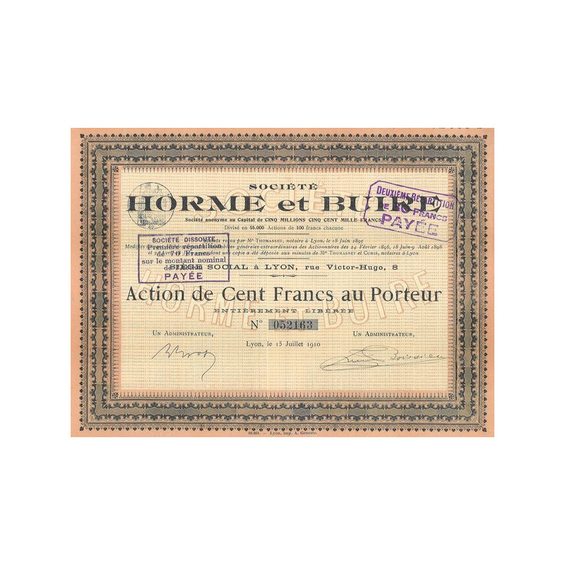 Sté Nlle des Ets de l'Horme et de la Buire (Act 100 F)(marron)