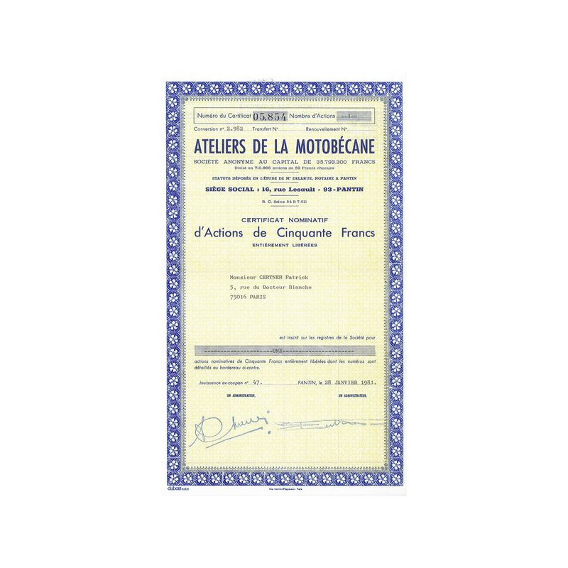 Ateliers de la Motobécane (Certif)