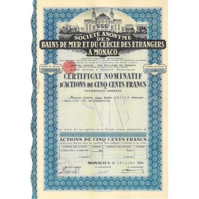 S.A. des Bains de Mer et du Cercle des Etrangers à Monaco (Certif Nom)