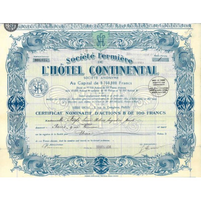 Sté Fermière de l'Hôtel Continental (Certif)