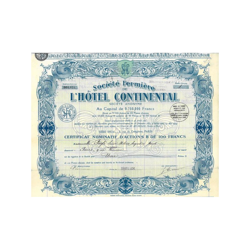Sté Fermière de l'Hôtel Continental (Certif)