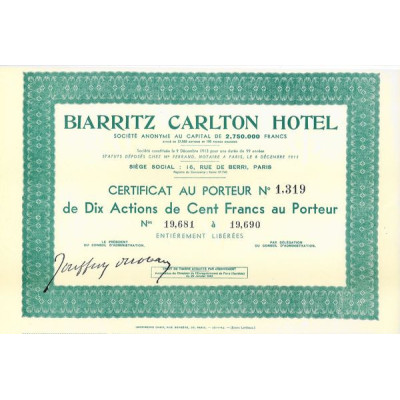 Biarritz Carlton Hôtel (Certif 10 Act 100 F)