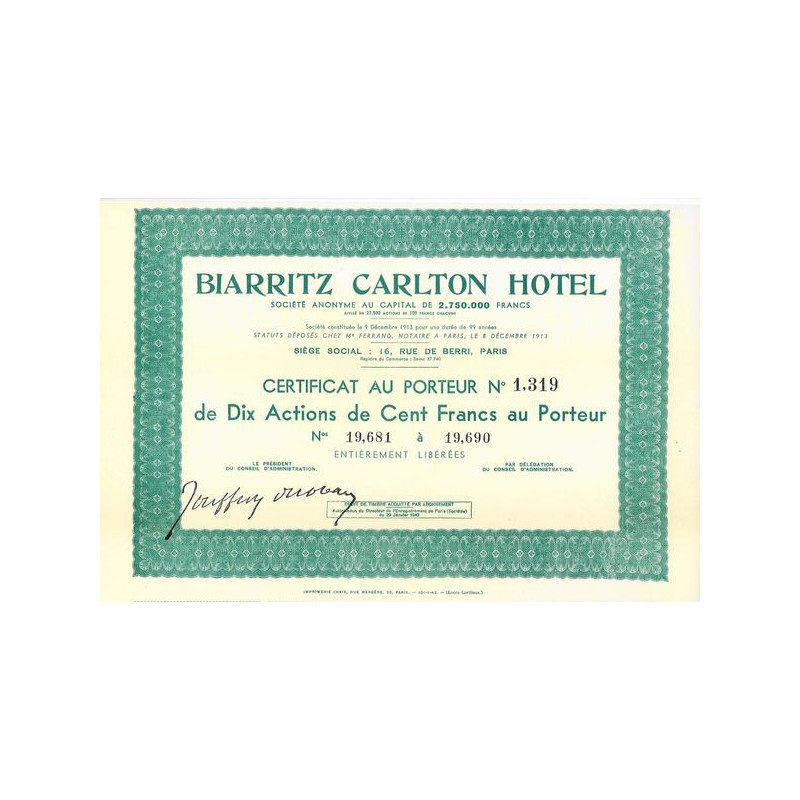 Biarritz Carlton Hôtel (Certif 10 Act 100 F)