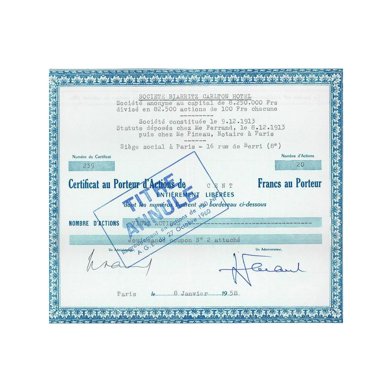 Sté Biarritz Carlton Hôtel