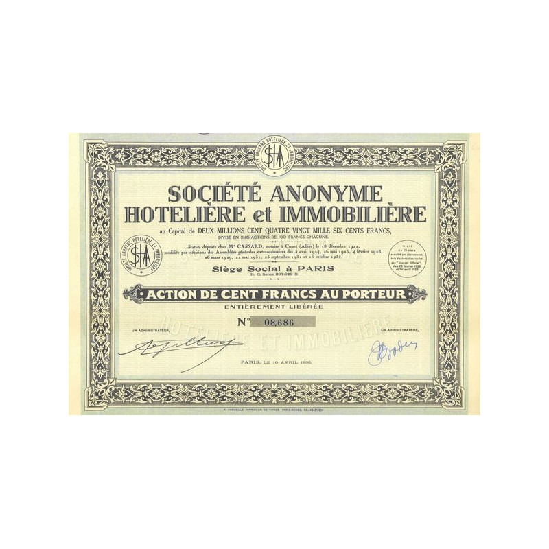 S.A. Hôtelière et Immobilière (Act 100 F)