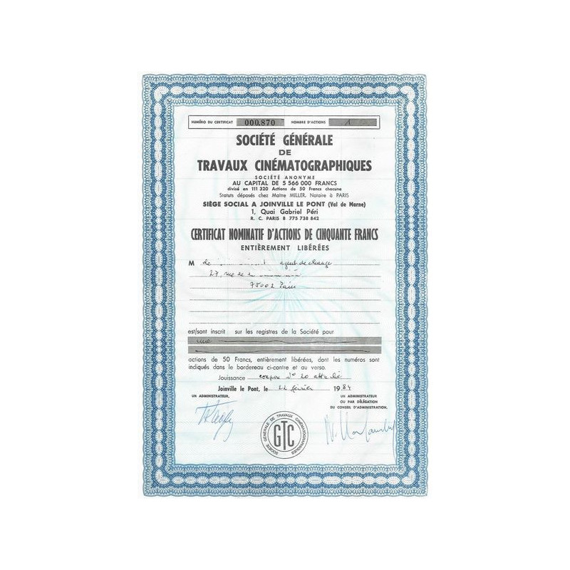 Sté Gale de Travaux Cinématographiques (certif)