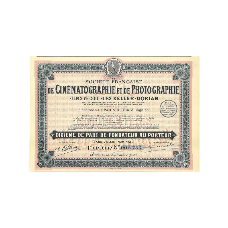Sté Française de Cinématographie et de Photographie Films en Couleur Keller-Dorian (1 10ème de PF)