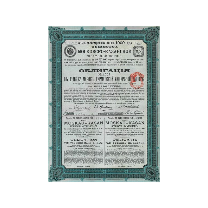 4 1/2 % Obligations-Anleihe von 1909 der Moskau-Kasan Eisenbahn-Gesellschaft (1000 Mark)