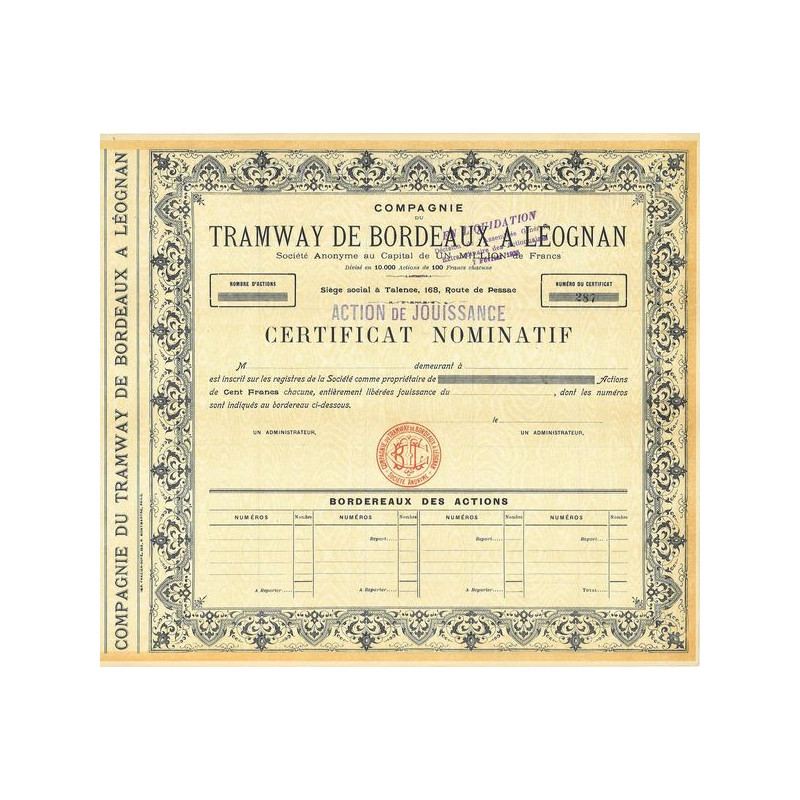 Cie des Tramways de Bordeaux à Léognan (Act jouissance)(blanquette)