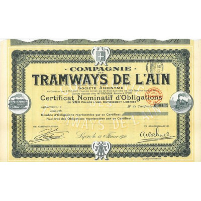 Cie des Tramways de l'Ain (Certif Nomin d'Obl)
