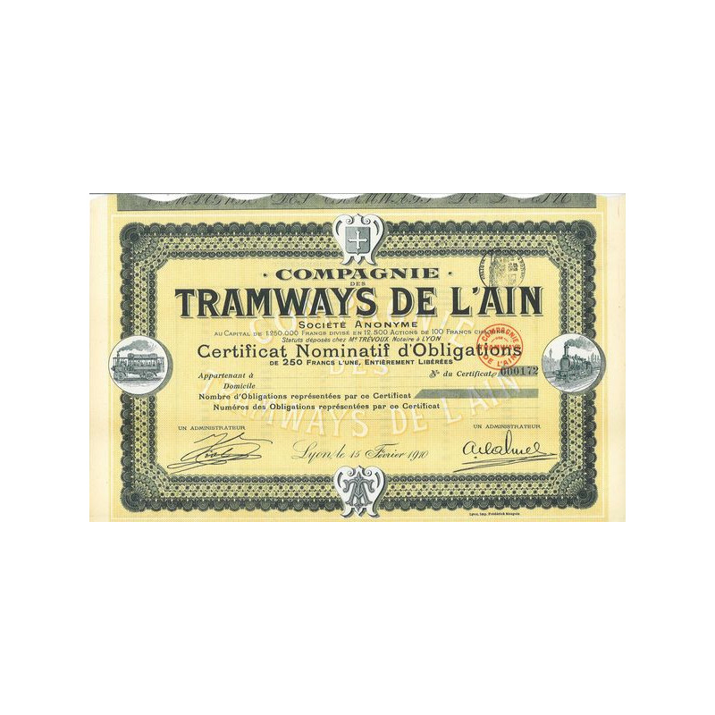 Cie des Tramways de l'Ain (Certif Nomin d'Obl)