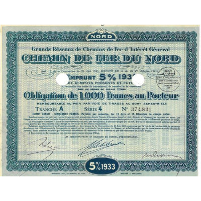 Grands réseaux de Chemins de Fer d'Intérêt Général - Chemin de Fer du Nord 5% - 1933 - (Verte)(Obl 1000 F 5%)