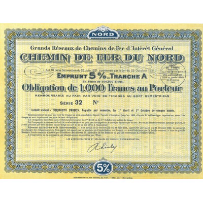 Grands réseaux de Chemins de Fer d'Intérêt Général - Chemin de Fer du Nord 5% - 1932 - Tranche A (Jaune)(Obl 1000 F 5%)