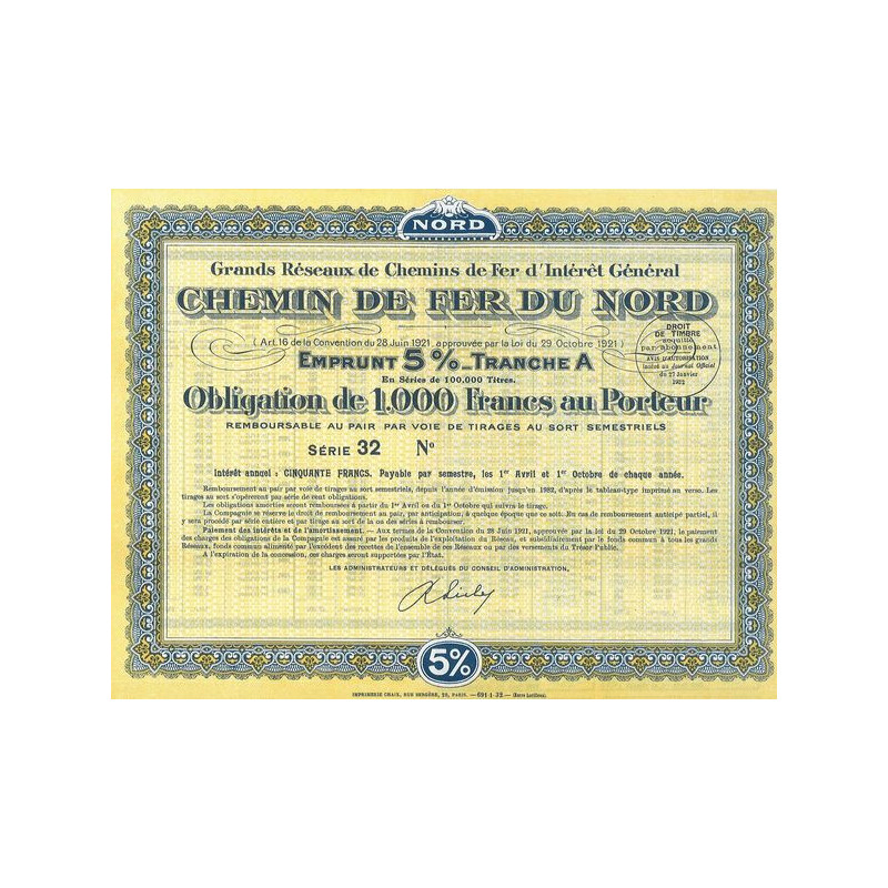 Grands réseaux de Chemins de Fer d'Intérêt Général - Chemin de Fer du Nord 5% - 1932 - Tranche A (Jaune)(Obl 1000 F 5%)