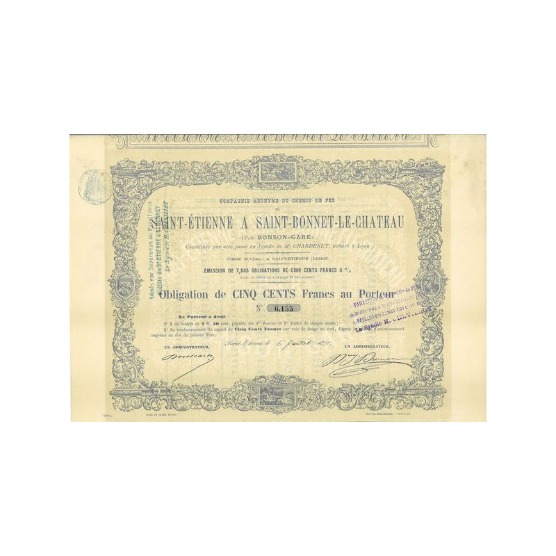 Cie Anonyme du Chemin de Fer de Saint-Etienne à Saint-Bonnet-le-Château 1870 (Emission 7885)