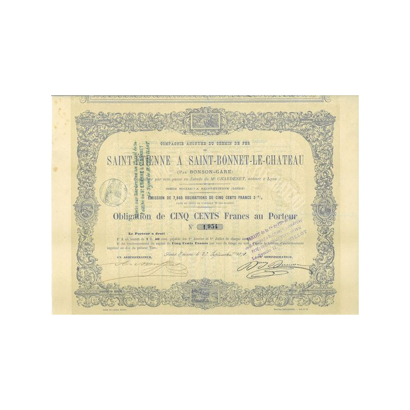 Cie Anonyme du Chemin de Fer de Saint-Etienne à Saint-Bonnet-le-Château 1871 (Emission 7885)