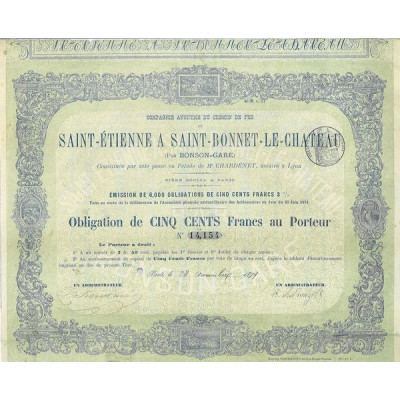 Cie Anonyme du Chemin de Fer de Saint-Etienne à Saint-Bonnet-le-Château 1874 (Emission 6000)