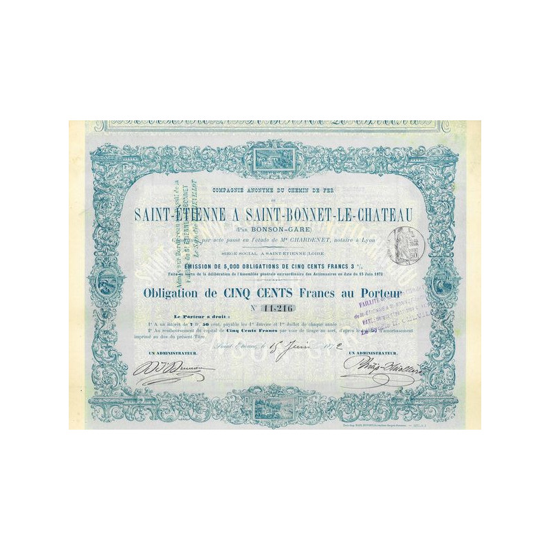 Cie Anonyme du Chemin de Fer de Saint-Etienne à Saint-Bonnet-le-Château 1872 (Emission 5000)