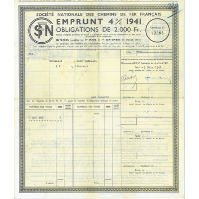 Sté Nationale des Chemins de Fer Français - Emprunt 4 % 1941 2000 F