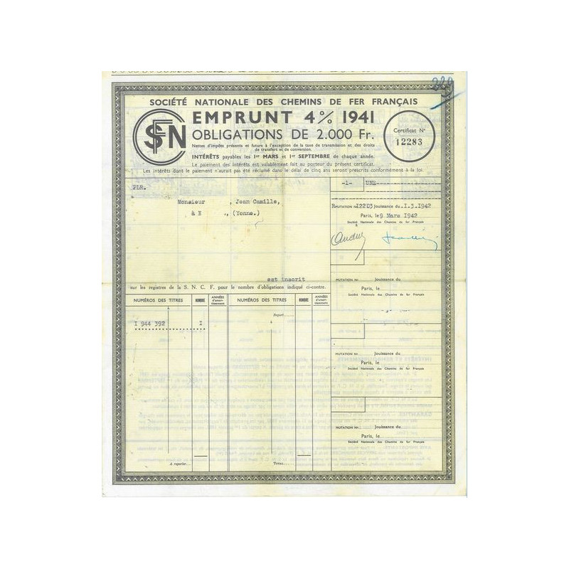 Sté Nationale des Chemins de Fer Français - Emprunt 4 % 1941 2000 F