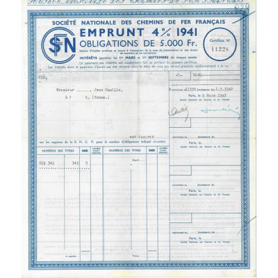 Sté Nationale des Chemins de Fer Français - Emprunt 4 % 1941 5000 F