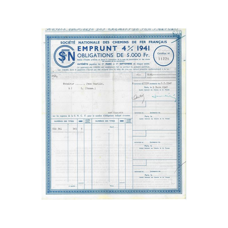 Sté Nationale des Chemins de Fer Français - Emprunt 4 % 1941 5000 F