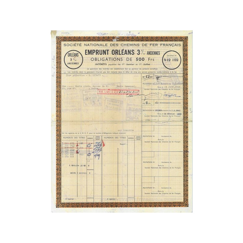 Sté Nationale des Chemins de Fer Français - Emprunt Orléans 3 % Anciennes