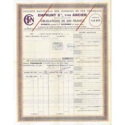 Sté Nationale des Chemins de Fer Français - Emprunt 3 % Type Ancien (Obl 500 F) (modèle 1)