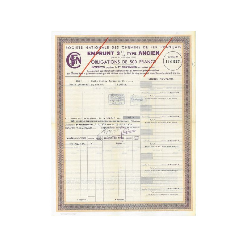 Sté Nationale des Chemins de Fer Français - Emprunt 3 % Type Ancien (Obl 500 F) (modèle 1)
