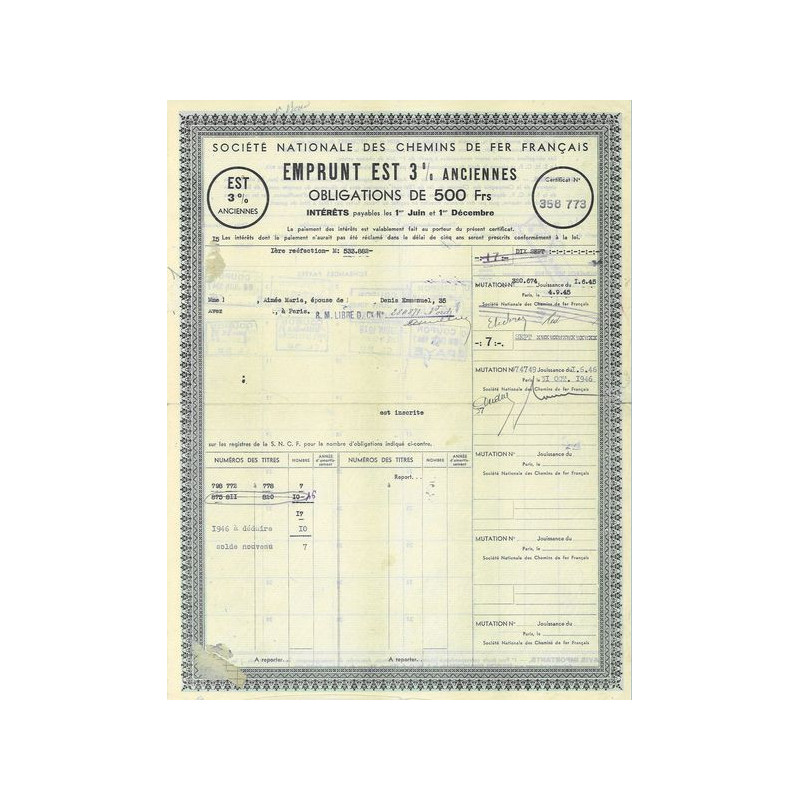 Sté Nationale des Chemins de Fer Français - Emprunt Est 3 % Anciennes