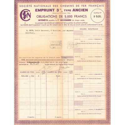 Sté Nationale des Chemins de Fer Français - Emprunt 3 % Type Ancien (Obl 5000 F) (modèle 1)