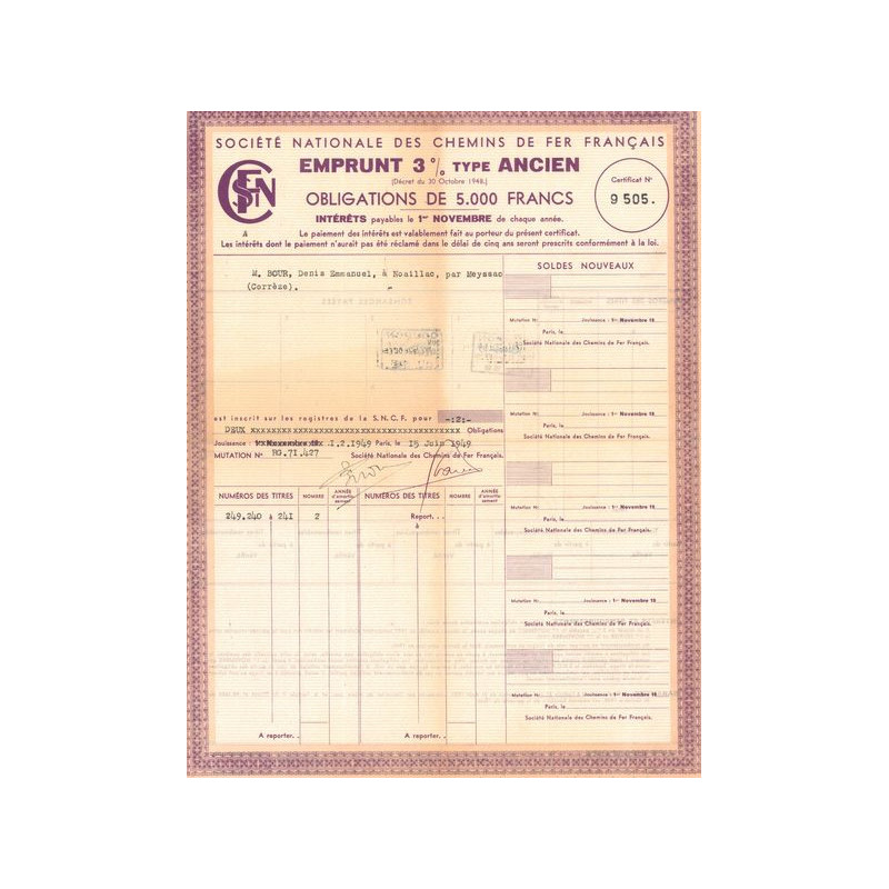 Sté Nationale des Chemins de Fer Français - Emprunt 3 % Type Ancien (Obl 5000 F) (modèle 1)