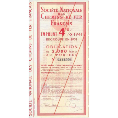 Sté Nationale des Chemins de Fer Français - Emprunt 4 % 1941 regroupé en 1951