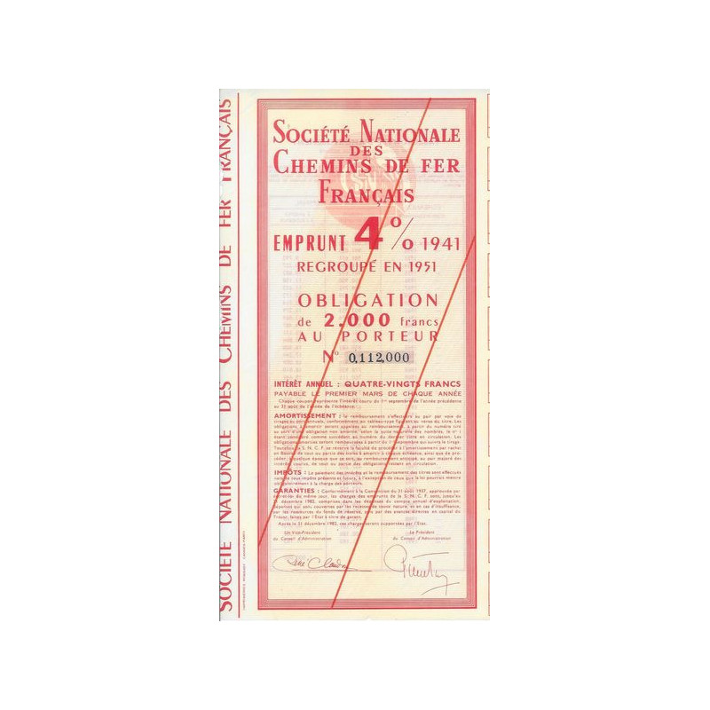 Sté Nationale des Chemins de Fer Français - Emprunt 4 % 1941 regroupé en 1951