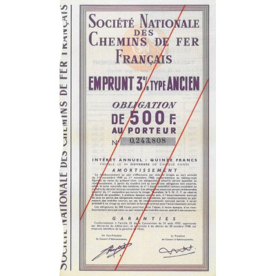 Sté Nationale des Chemins de Fer Français - Emprunt 3 % Type Ancien (Obl 500 F) (modèle 2)
