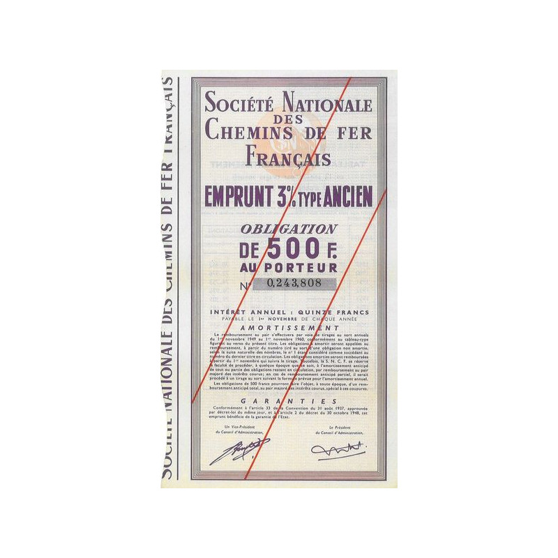 Sté Nationale des Chemins de Fer Français - Emprunt 3 % Type Ancien (Obl 500 F) (modèle 2)