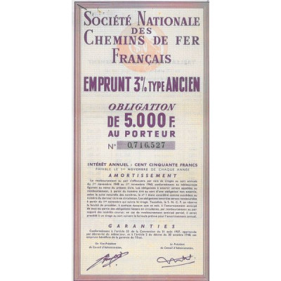 Sté Nationale des Chemins de Fer Français - Emprunt 3 % Type Ancien (Obl 5000 F) (modèle 2)