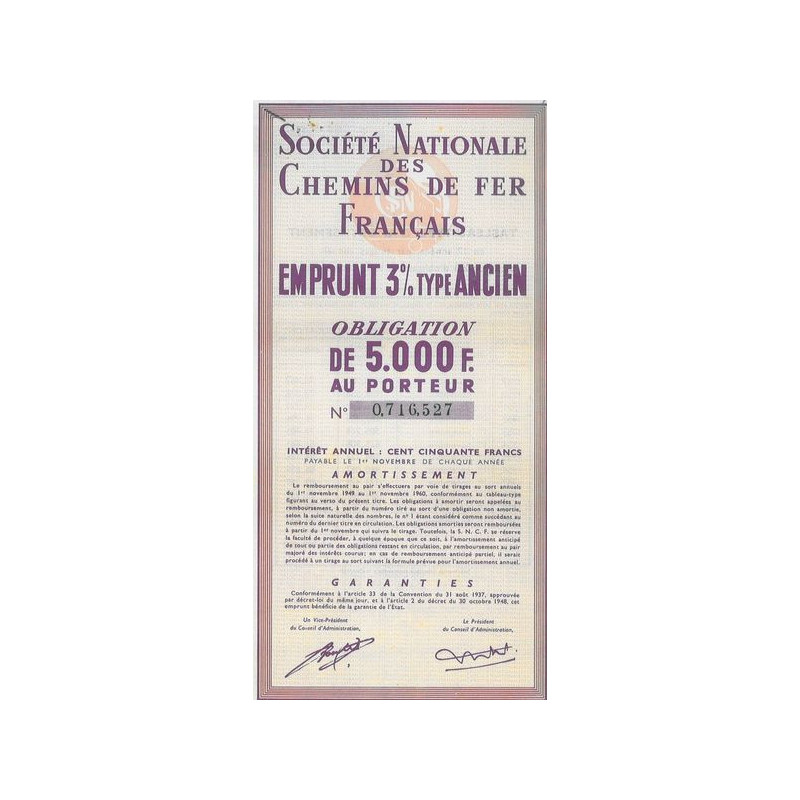 Sté Nationale des Chemins de Fer Français - Emprunt 3 % Type Ancien (Obl 5000 F) (modèle 2)