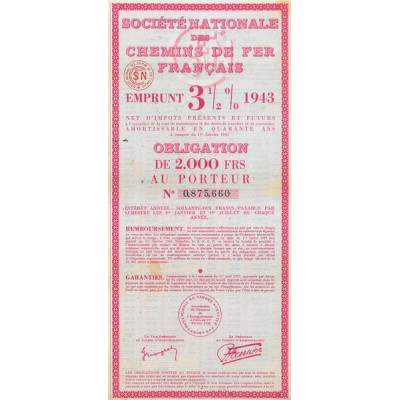 Sté Nationale des Chemins de Fer Français - Emprunt 3 1/2 % 1943 (Obl 2000 F)