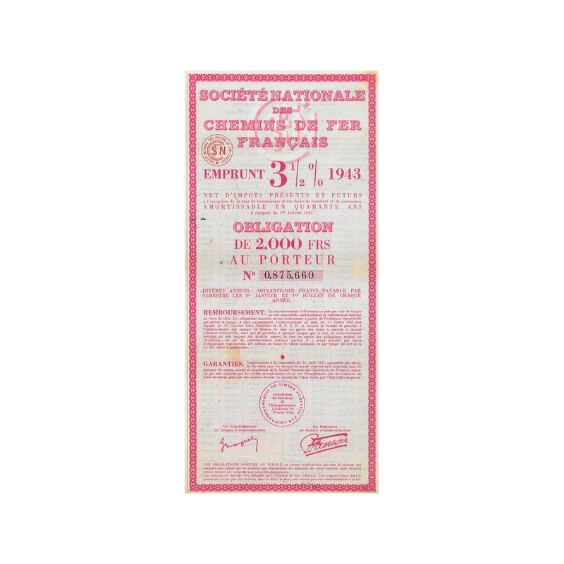 Sté Nationale des Chemins de Fer Français - Emprunt 3 1/2 % 1943 (Obl 2000 F)