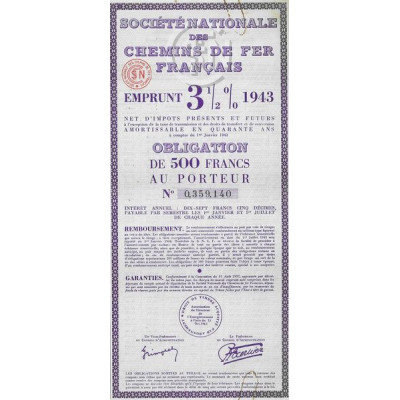 Sté Nationale des Chemins de Fer Français - Emprunt 3 1/2 % 1943 (Obl 500 F)
