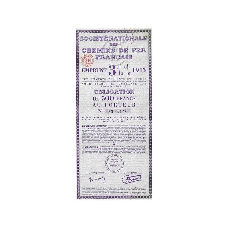 Sté Nationale des Chemins de Fer Français - Emprunt 3 1/2 % 1943 (Obl 500 F)