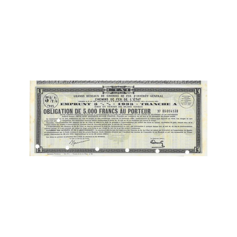 Grands Réseaux de Chemins de Fer d'Intérêt Général - Chemins de Fer de l'Etat - Emprunt 5 1/2 % 1935 Tranche A