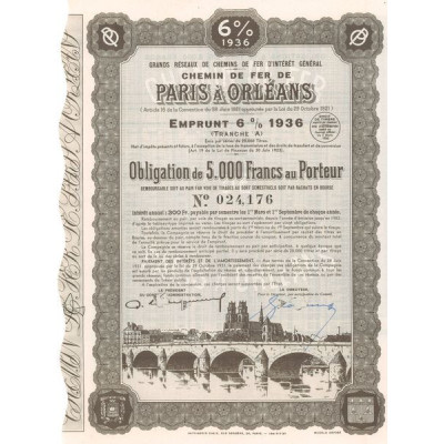 Grands Réseaux de Chemins de Fer d'Intérêt Général - Chemins de Fer de Paris à Orléans - Emprunt 6 % 1936 Tranche A (Obl 5000 F)