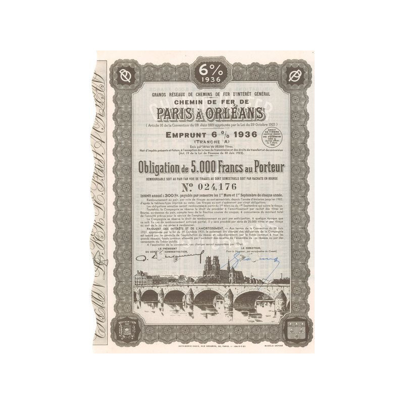 Grands Réseaux de Chemins de Fer d'Intérêt Général - Chemins de Fer de Paris à Orléans - Emprunt 6 % 1936 Tranche A (Obl 5000 F)