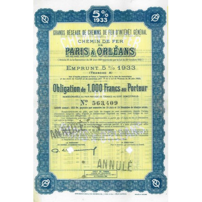 Grands Réseaux de Chemins de Fer d'Intérêt Général - Chemins de Fer de Paris à Orléans - Emprunt 5 % 1933 Tranche A (Obl 1000 F)