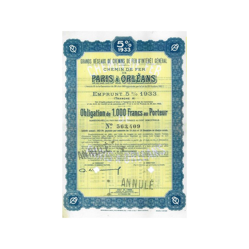 Grands Réseaux de Chemins de Fer d'Intérêt Général - Chemins de Fer de Paris à Orléans - Emprunt 5 % 1933 Tranche A (Obl 1000 F)