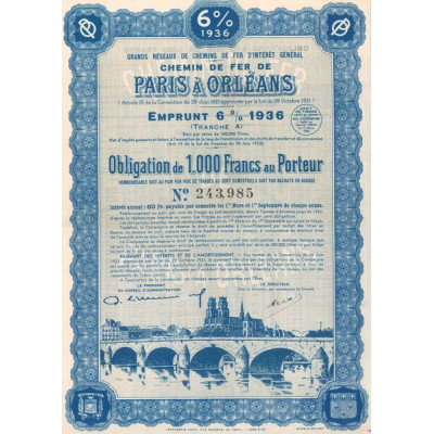 Grands Réseaux de Chemins de Fer d'Intérêt Général - Chemins de Fer de Paris à Orléans - Emprunt 6 % 1936 Tranche A (Obl 1000 F)